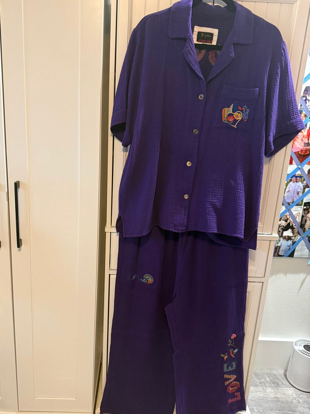 Johnny Was Desire pull on wide leg pants and camp shirt purple Large EUC